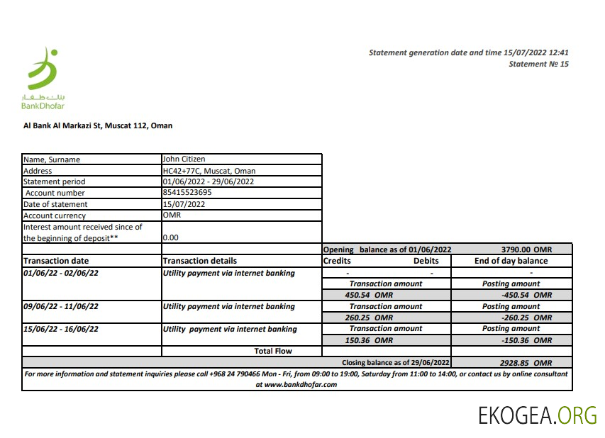 Relevé bancaire d'Oman Bank Dhofar